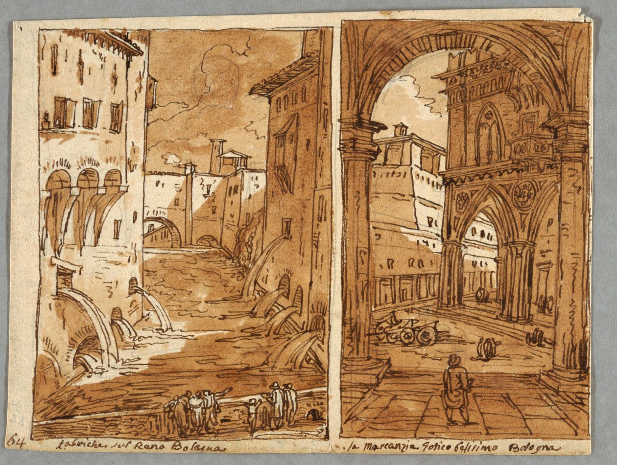 Eskiz Defteri Sayfası, Folio 64: Bolonya Mimarisi ve Heykelinden Sonra Çalışma; Verso: Geometrik Tasarımlar by Felice Giani