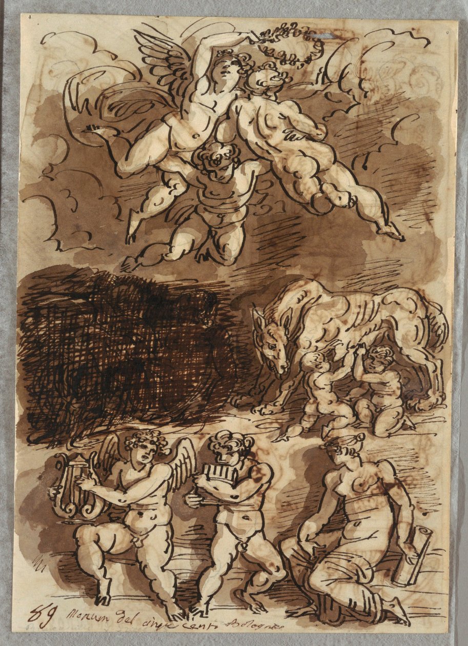 Çelenk ile Üç Putti; Dişi Kurttan Romulus ve Remus Emzirme; İki Putti Çalan Ziller by Felice Giani