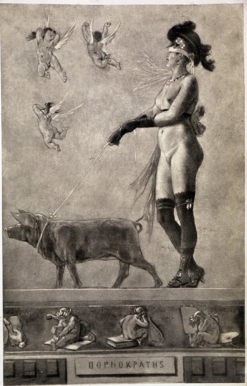 Pornokrates (Çıplak kadın, gözleri şeritler, meleklerle çevrili ve tasmalı bir domuz tutan) - Felicien Rops (1833-1898) tarafından çizim by Félicien Rops