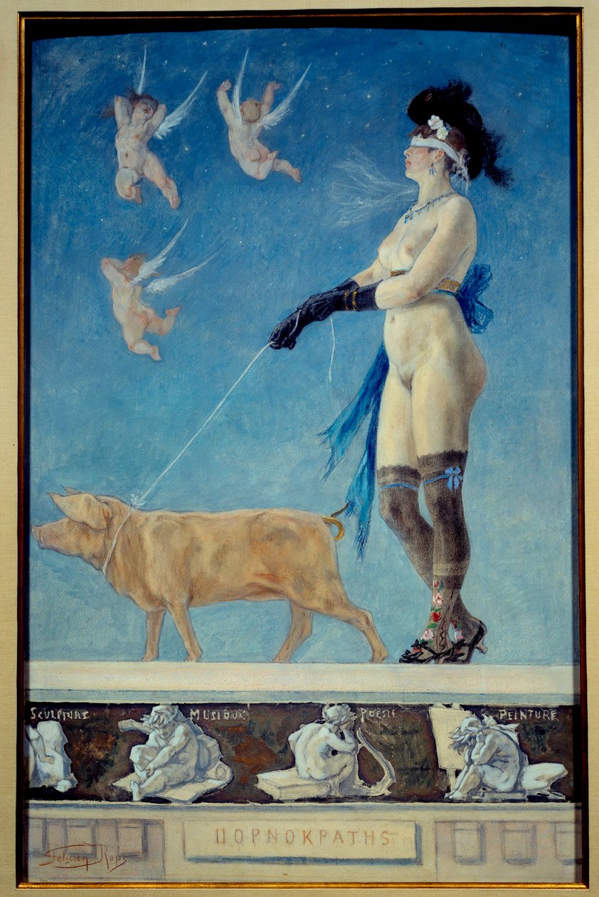 Pornokratlar. Çoraplı, gözleri bağlı çıplak bir kadın, tasma taktığı bir domuz tarafından çekiliyor - Felicien Rops (1833-1898) tarafından yapılan pornografik resim Ec Belg by Félicien Rops