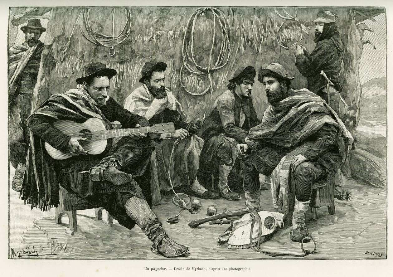 Bir payador, yürüyen şarkıcıların dizelerinde düello. Edouard Charton (1807-1890), Hachette, Paris tarafından yönetilen le tour du monde 1888