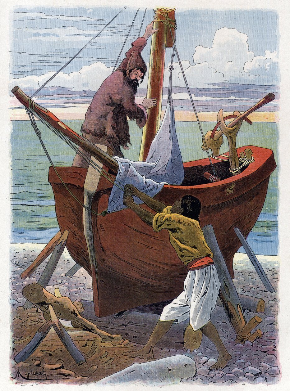Robinson Crusoe ve Friday bir tekne inşa ediyor. by Felicien baron de Myrbach Rheinfeld