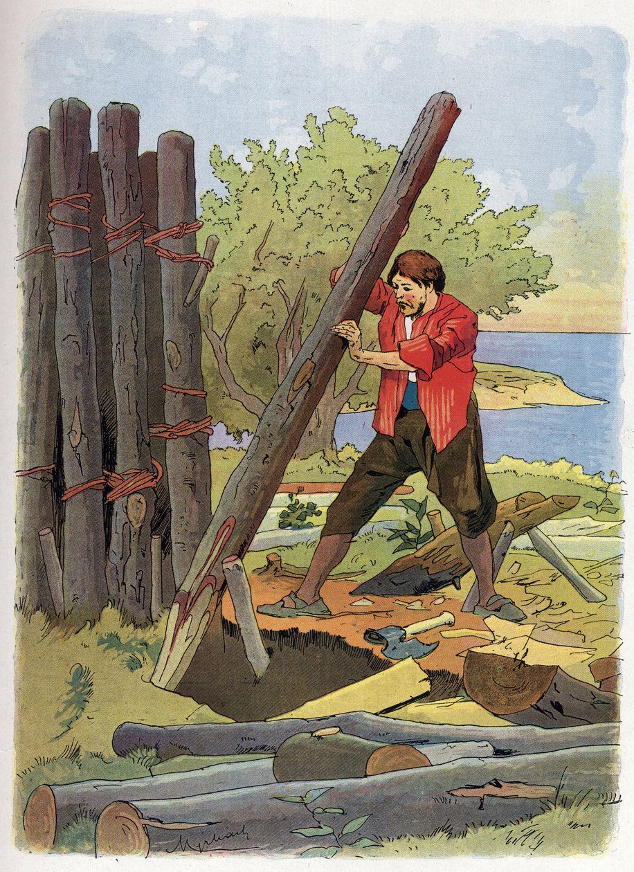 Robinson Crusoe ilk evini inşa etti. by Felicien baron de Myrbach Rheinfeld