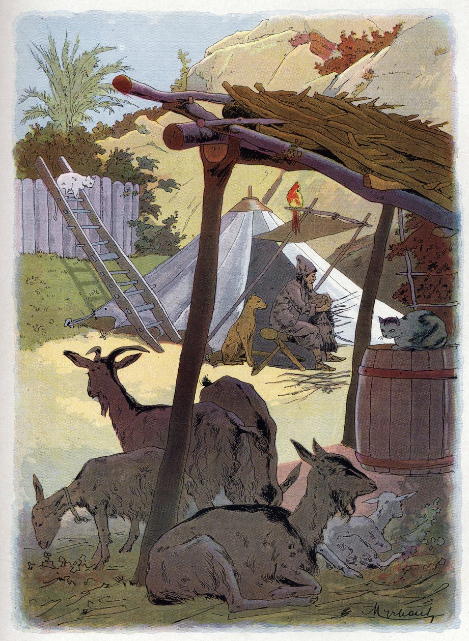 Robinson Crusoe hayvanlarıyla birlikte eve dönüyor. by Felicien baron de Myrbach Rheinfeld