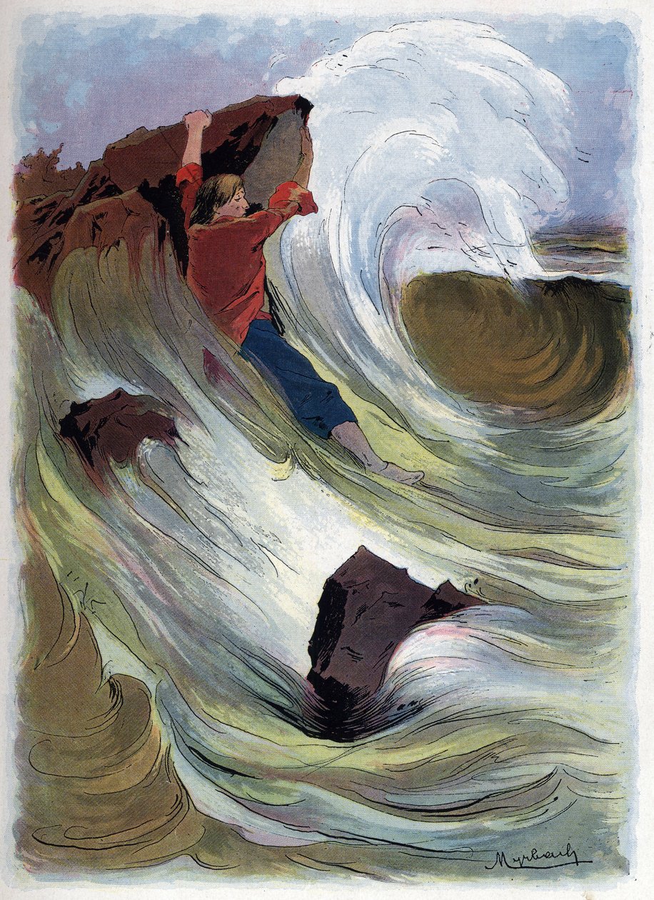 Robinson Crusoe bir kayaya tutunmayı başarır. by Felicien baron de Myrbach Rheinfeld