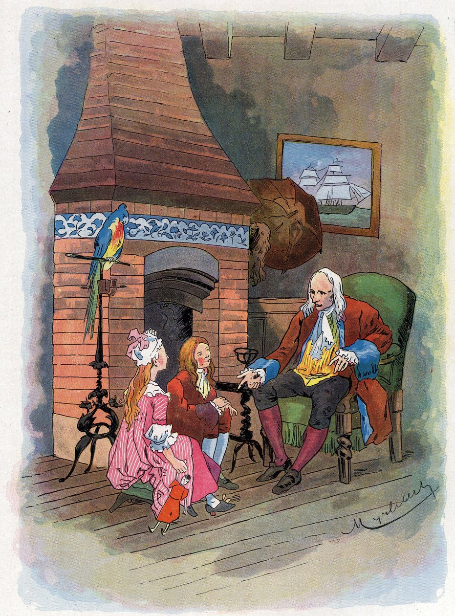 Robinson Crusoe, çocuklarına maceralarını anlatır. Felician