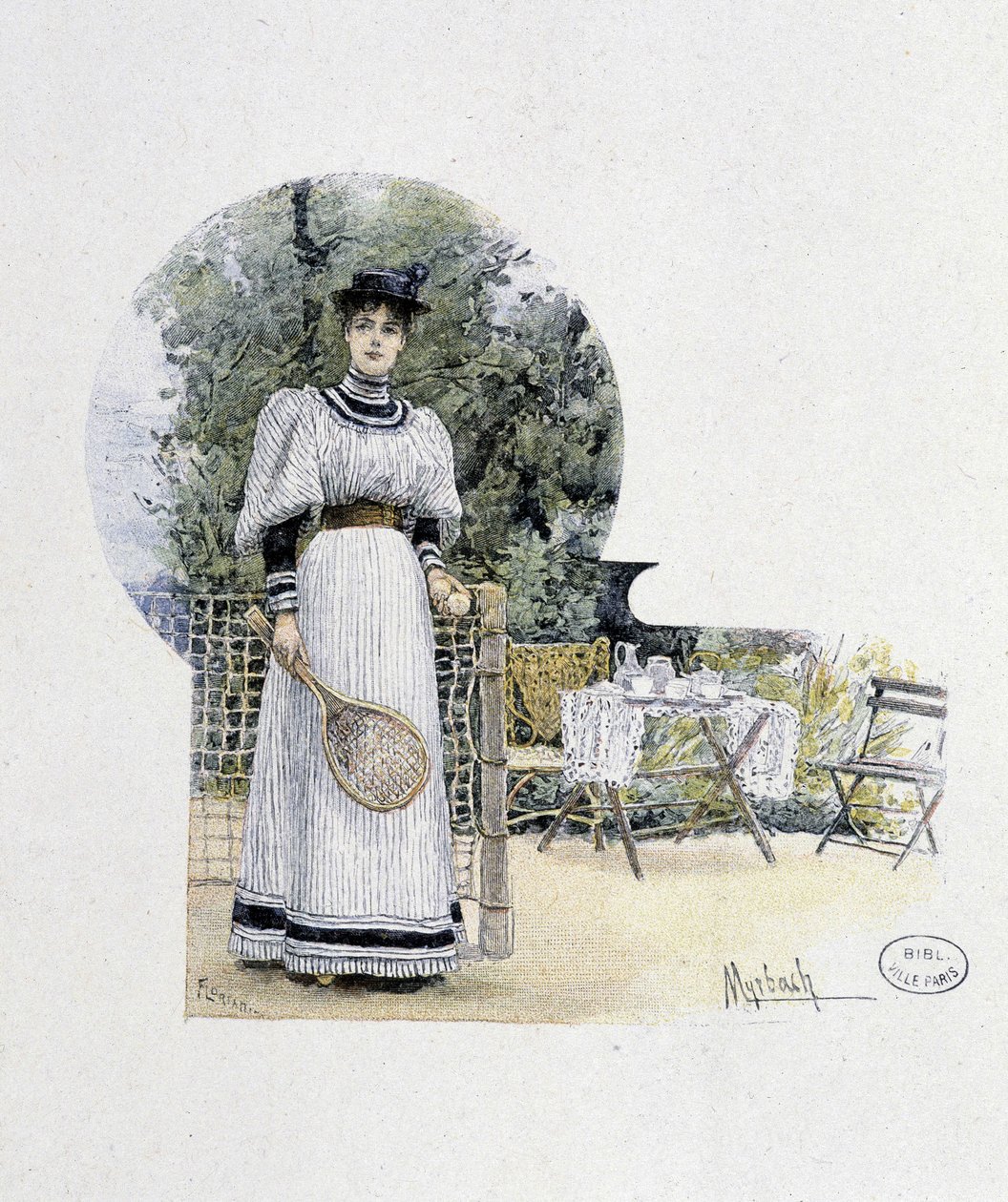 Tenis kortunda genç kadın - gravür, 19. yüzyılın sonlarında by Felicien baron de Myrbach Rheinfeld
