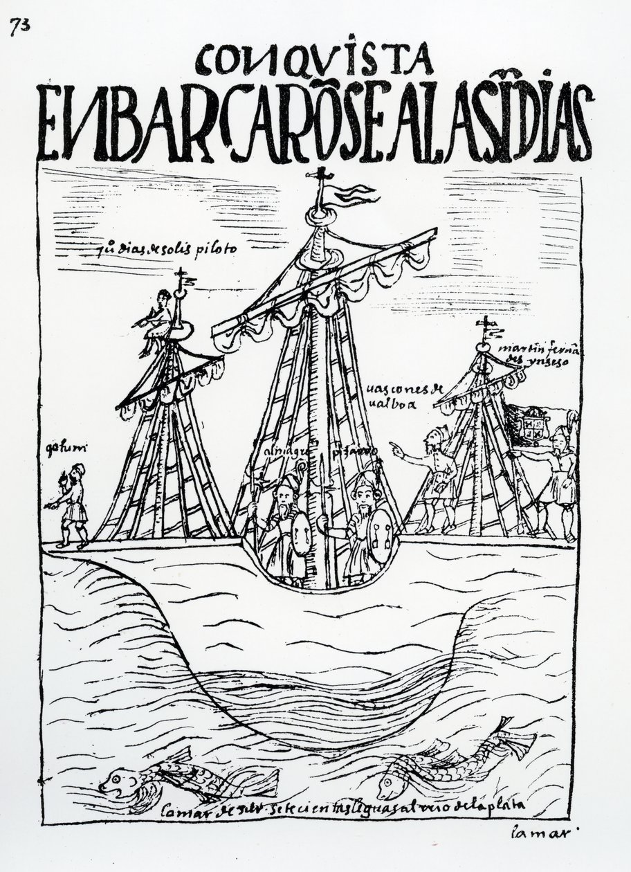 Christopher Columbus, Juan Diaz de Solis, Diego de Almagro, Francisco Pizarro, Vasco Nunez de Balboa ve Martin Fernandez de Enciso tarafından çekilen Yeni Dünya