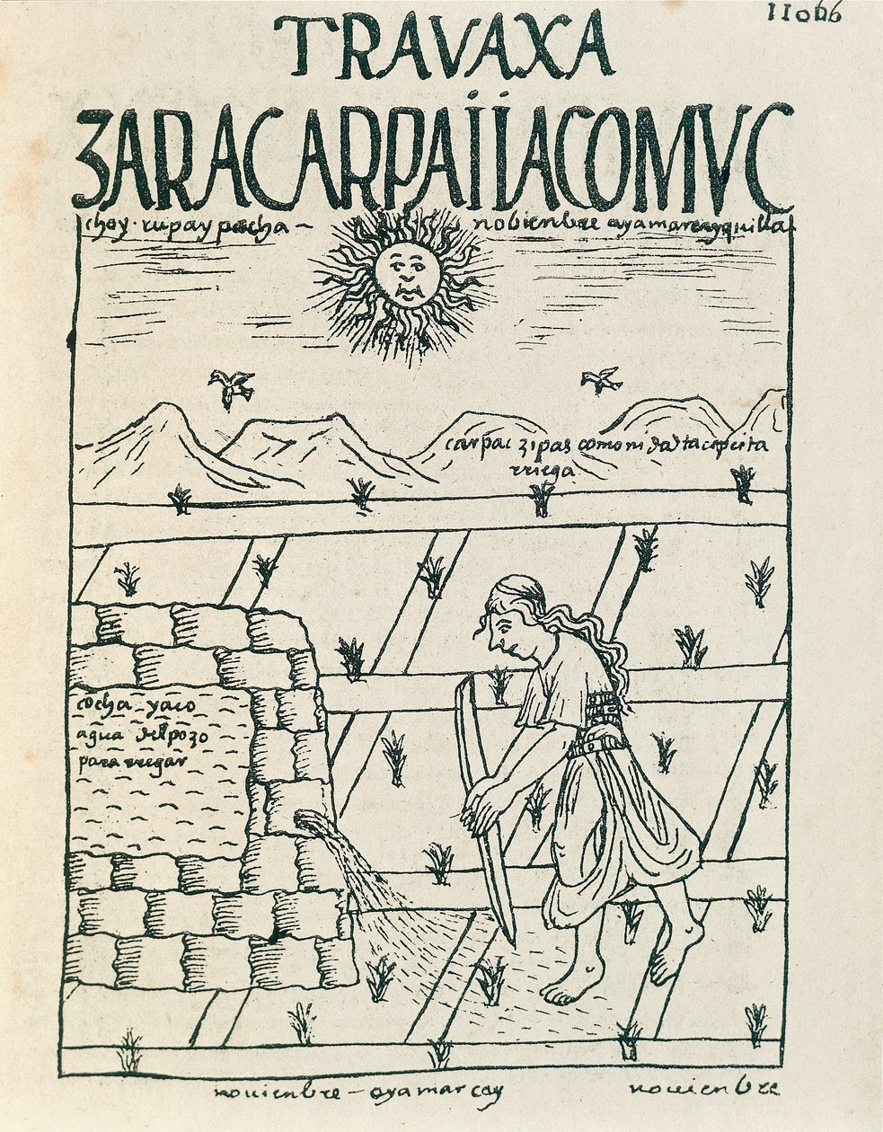 Kasım ayında tarlasını sulayan bir köylü (Mürekkep çizimi by Felipe Huaman Poma de Ayala