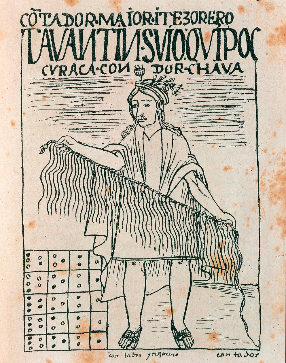Quipu tutan İnka adamı: ipler ve düğümler kullanan muhasebe sistemi (Mürekkep çizimi by Felipe Huaman Poma de Ayala