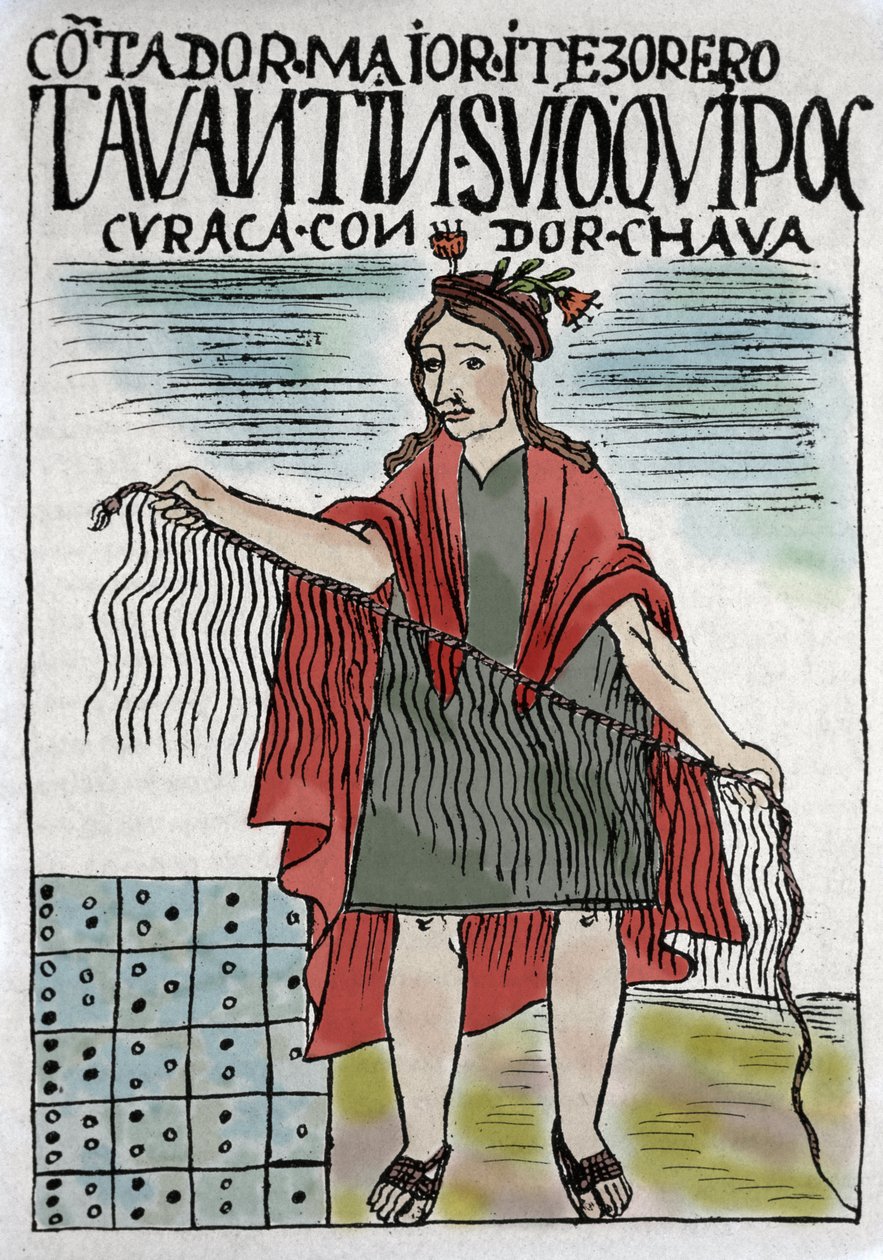 Quipu (Quipo Quipou) Halat ve düğümlerde İnka muhasebe sistemi, İnka kültürü 1400-1532 AD, Felipe Guaman Puma de Ayala (Nueva Coronica y Buen Gobierno), 16. yüzyılın Hintli köşe yazarı tarafından el yazması. by Felipe Huaman Poma de Ayala
