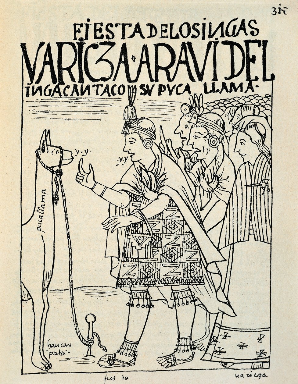 Bir İnka ayini vesilesiyle bir lamanın kurban edilmesi (Mürekkep çizimi, c.1587) by Felipe Huaman Poma de Ayala