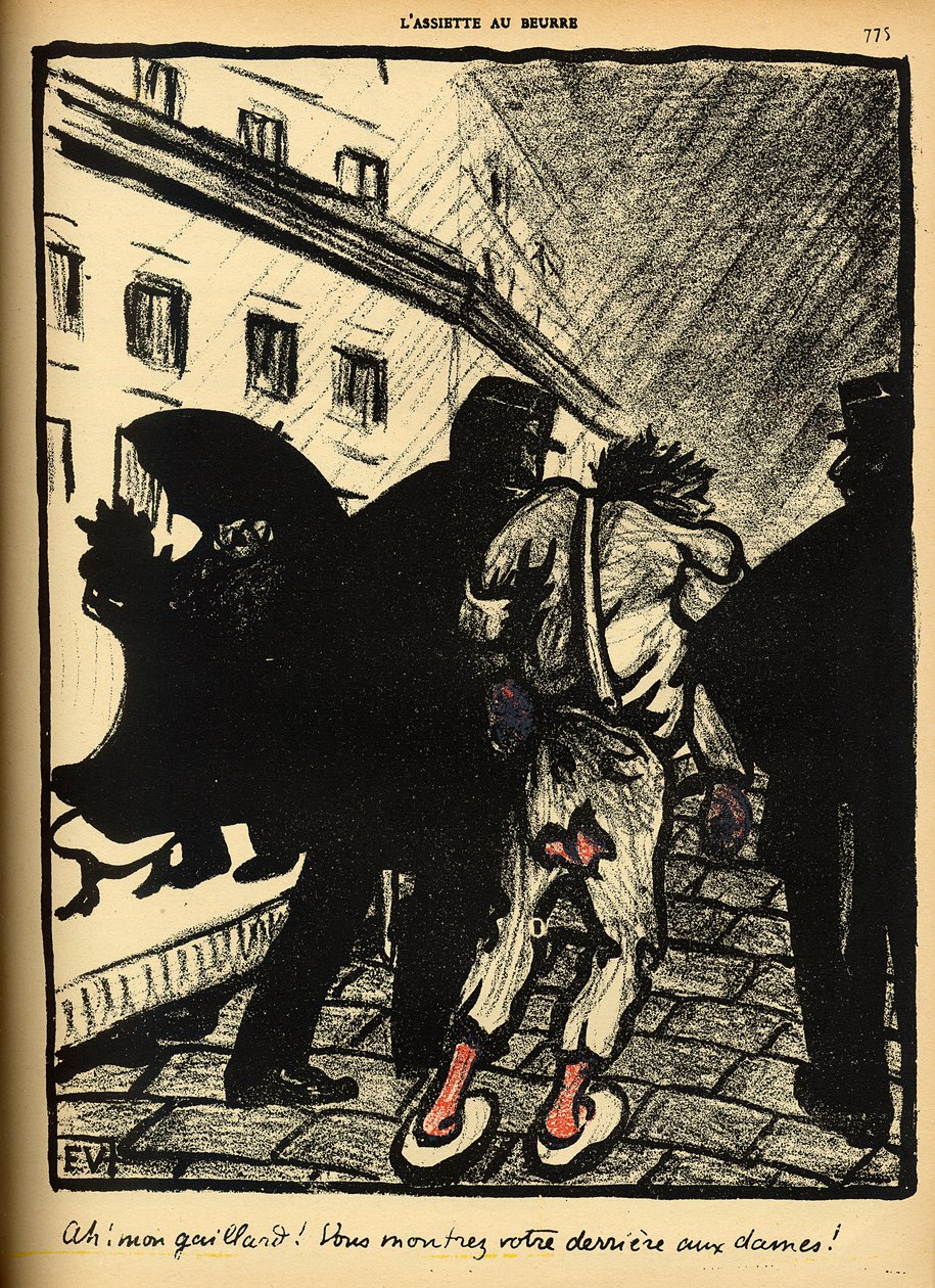 Two policemen take away a tramp dressed in rags, from 