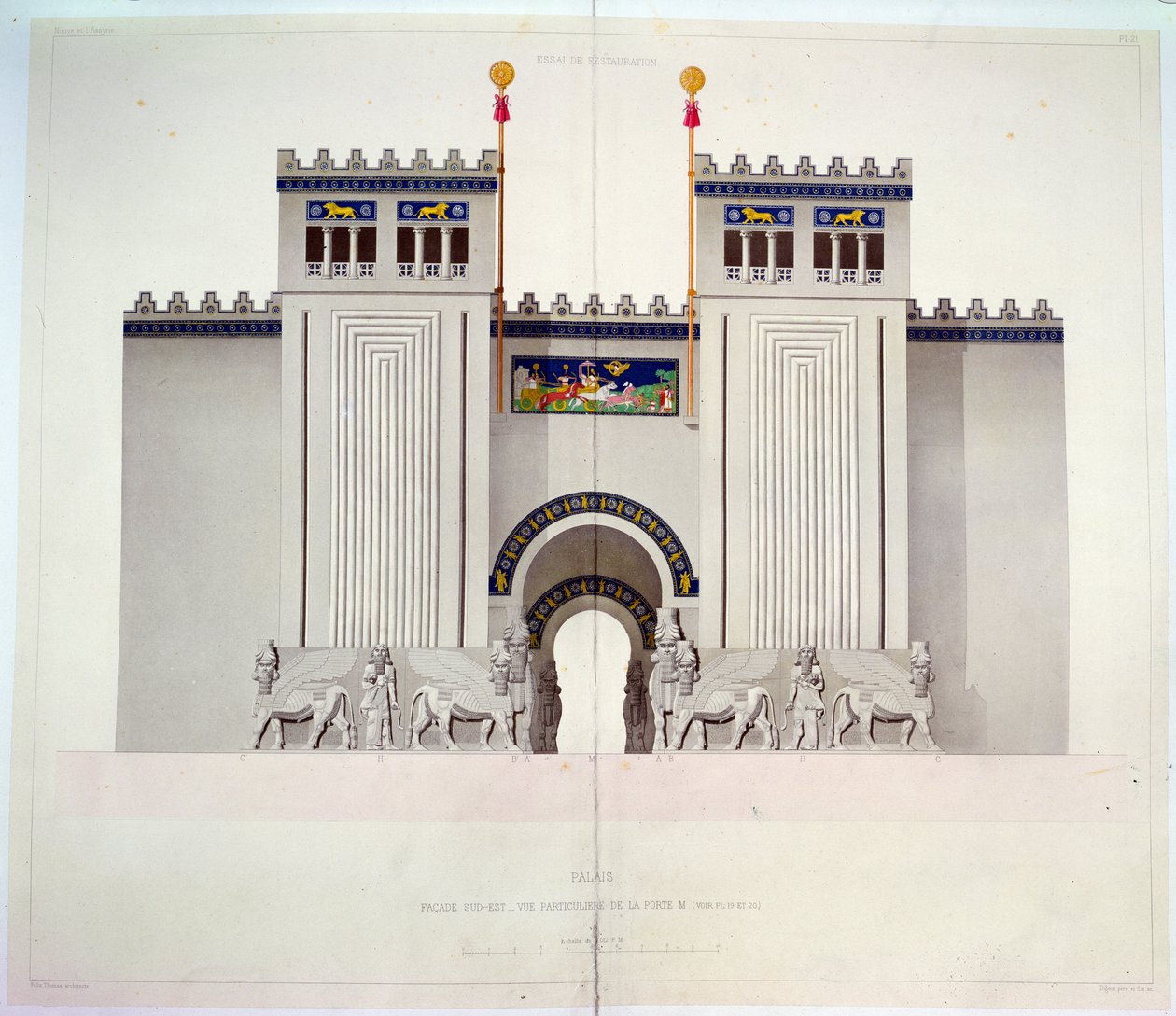 Sargon II (MÖ 721-705) sarayının girişinin yeniden inşası, Horsabad, Irak, 1867 (renkli gravür) by Felix Thomas