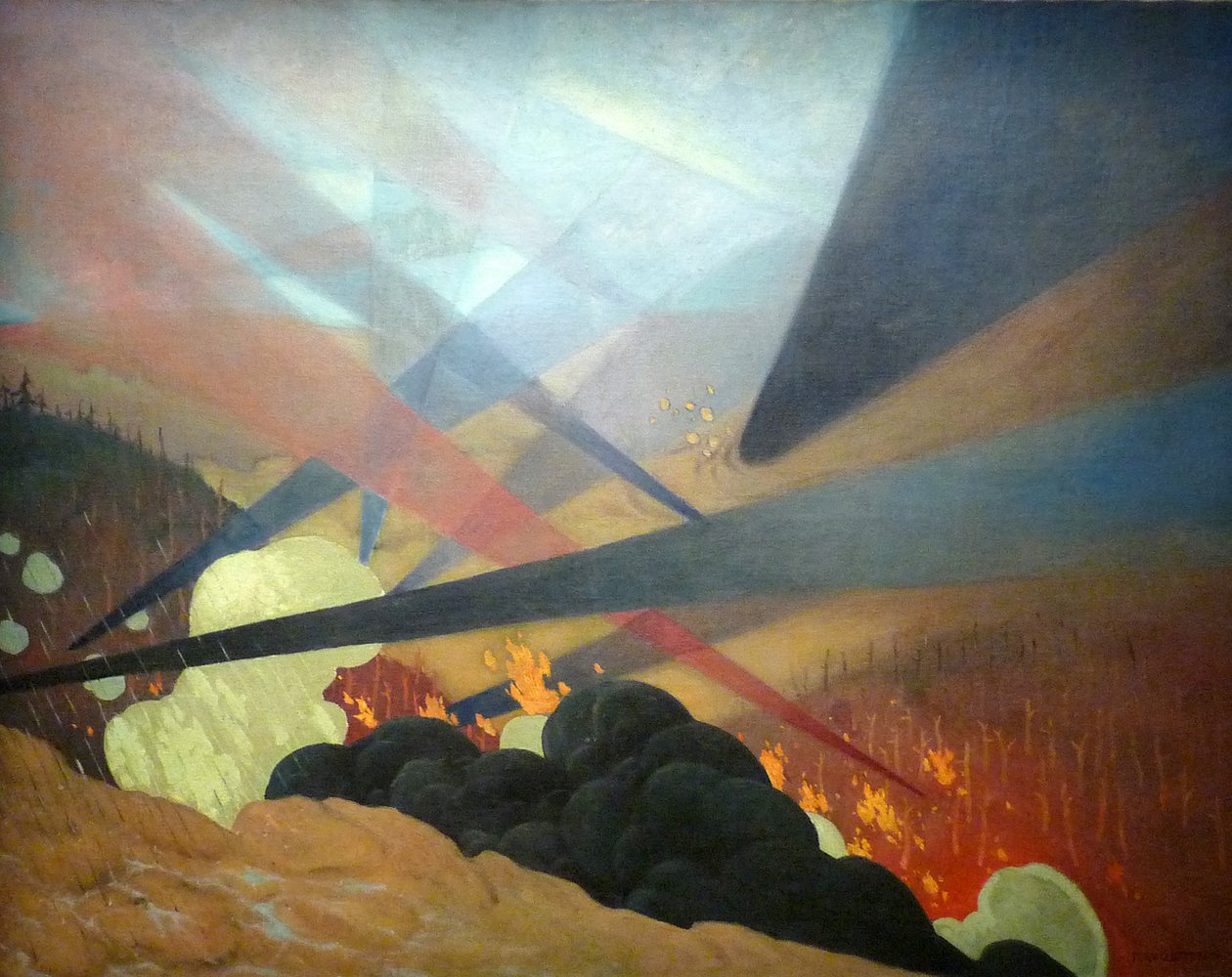Verdun, yorumlanmış savaş resmi, siyah, mavi ve kırmızı renkli projeksiyonlar, harap arazi, gazn bulutları by Felix Edouard Vallotton