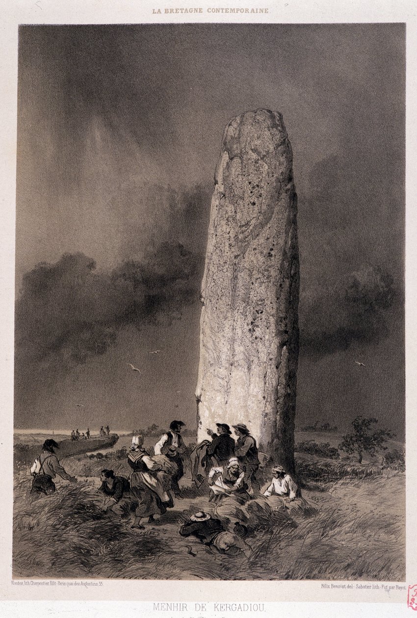 Kergadiou (Finistere) menhiri çevresindeki köylüler - “Çağdaş Brittany” de, hasta. Yazan: Felix Benoist, ed. Marangoz, Paris by Felix Benoist