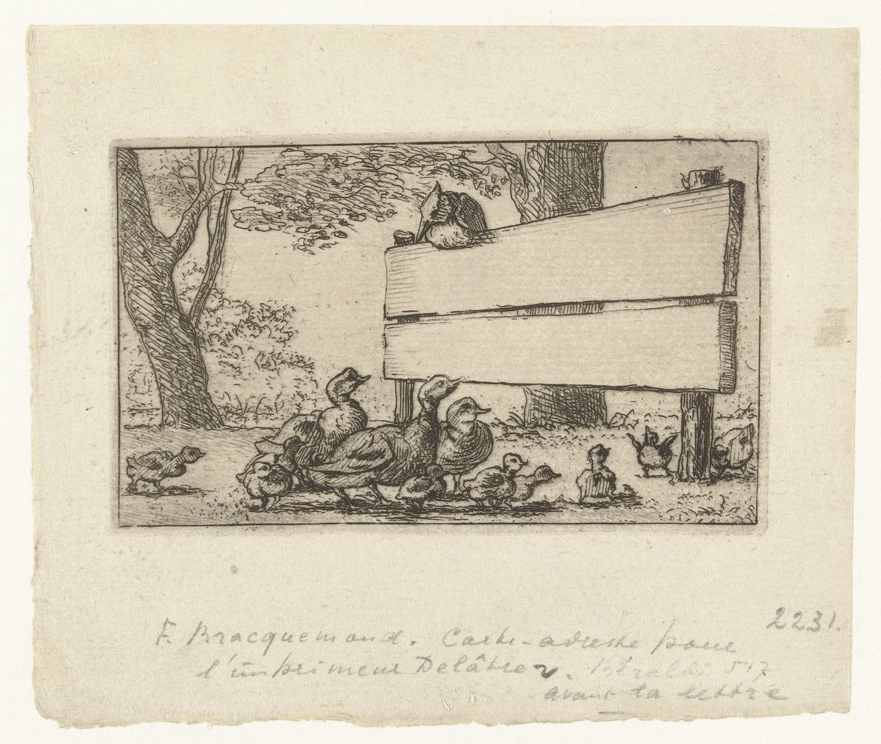 Yazıcı Delâtre için ahşap bir kapıda ördekler ile kartvizit by Felix Bracquemond