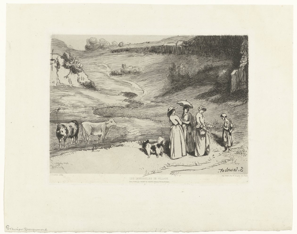 Genç kadınlar tepelik arazide çoban kıza para veriyor. Les demoiselles du köyleri (nesne üzerindeki başlık) by Felix Bracquemond