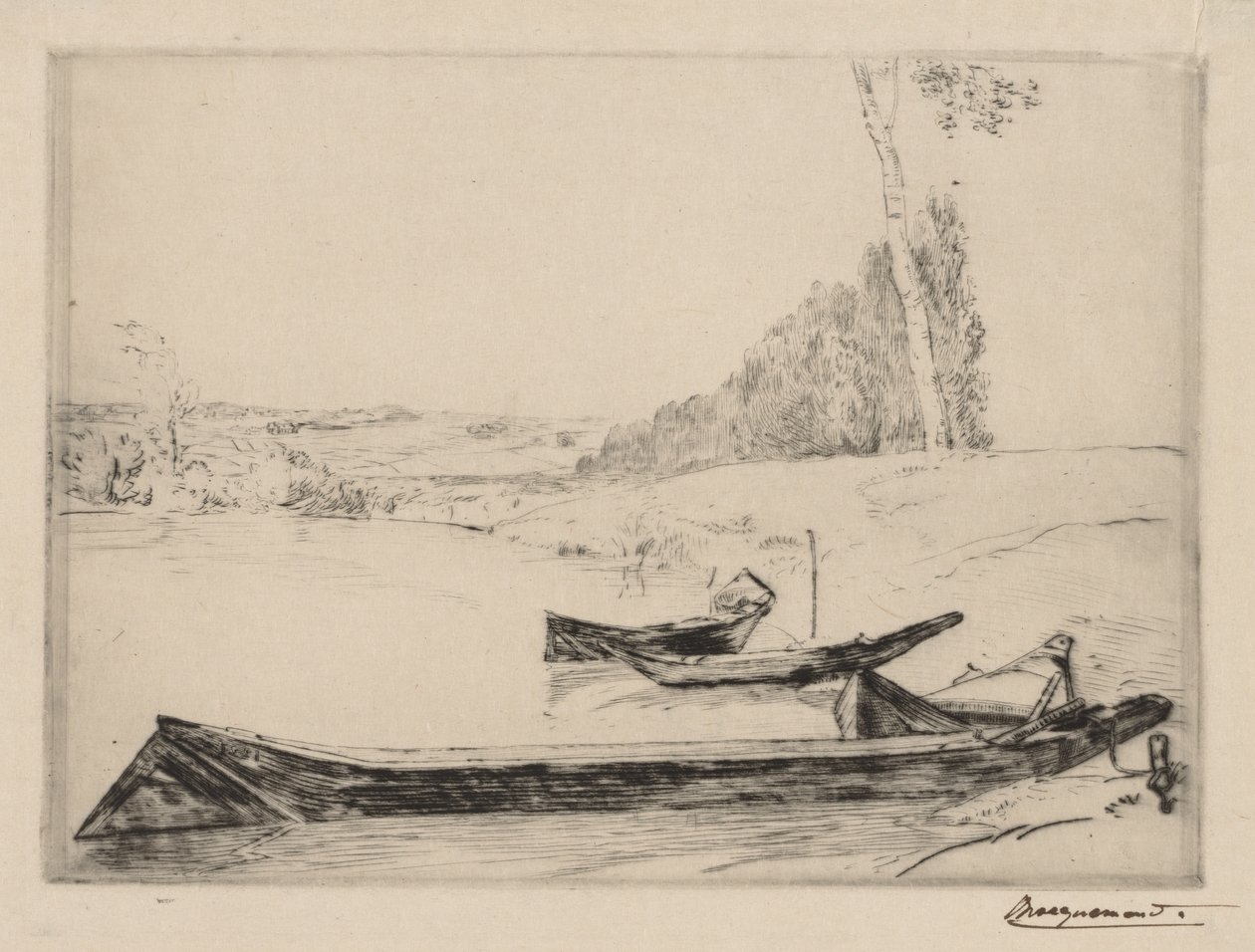 Seine kıyısındaki küçük feribotlar, c. 1858. by Felix Bracquemond