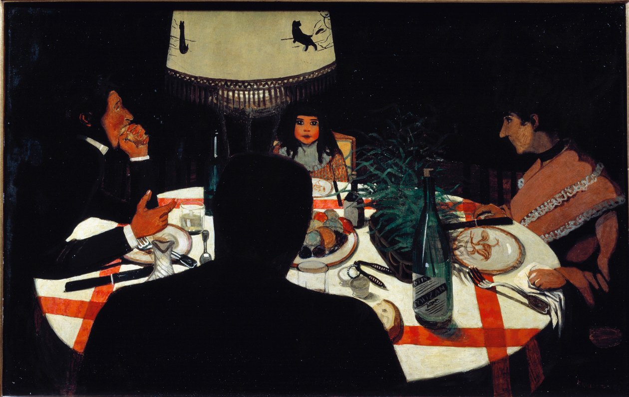 Akşam yemeği, lamba etkisi. (1899. Ahşap üzerine yağlı boya) by Felix Edouard Vallotton