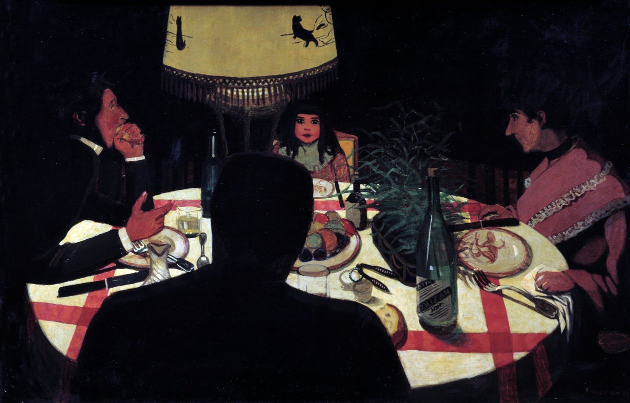 Akşam yemeği, lamba etkisi. Ressamın temsili eşini ve güzel çocuklarını çevreler. Felix Vallotton (1865-1925) Ec. Takip etmek by Felix Edouard Vallotton