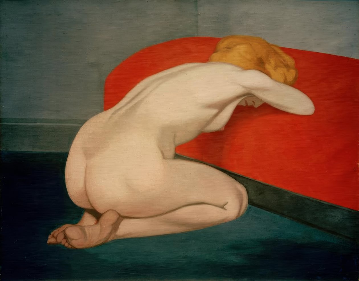 Kırmızı bir kanepenin önünde diz çökmüş çıplak kadın by Felix Edouard Vallotton