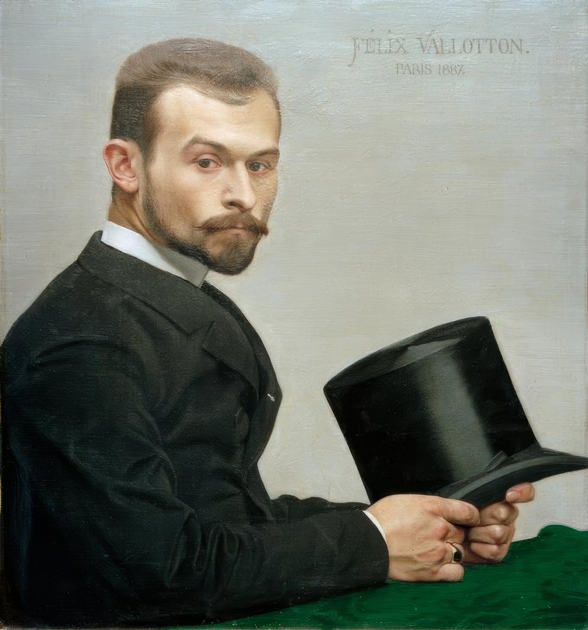 Félix Jasinski şapkasını tutuyor by Felix Edouard Vallotton