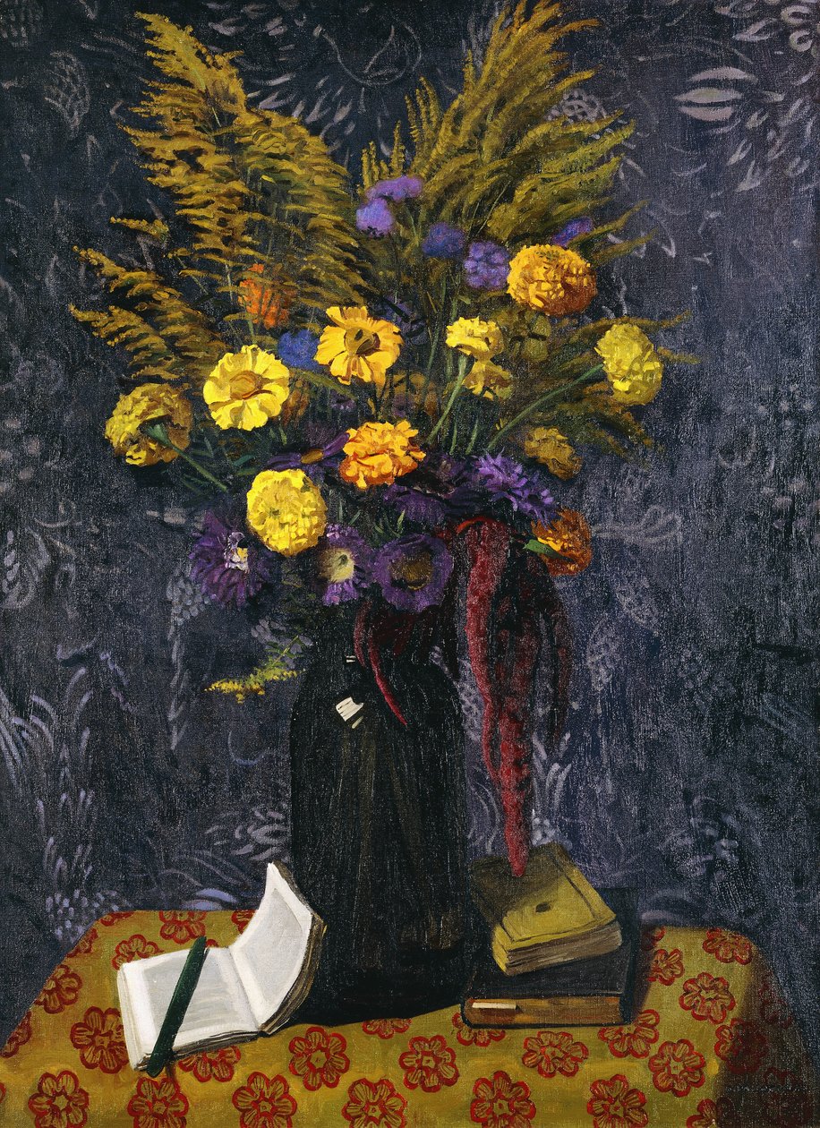 Fransız Kadife Çiçeği, Mor Papatyalar ve Altın Demetler; Marigoldlar, Menekşe Papatyalar ve Altın Gerbs, 1925 by Felix Edouard Vallotton