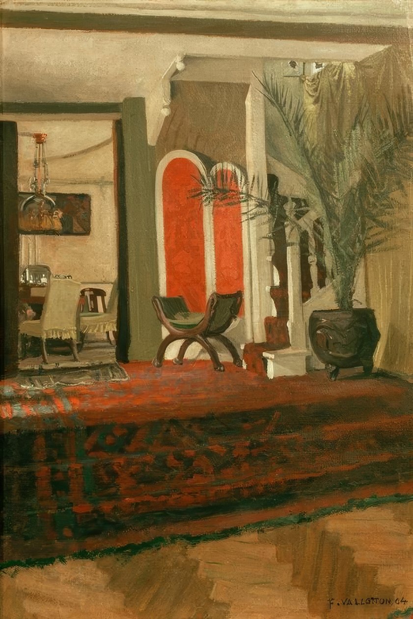İç, merdivenli oturma odası ve salonda yemek odası by Felix Edouard Vallotton