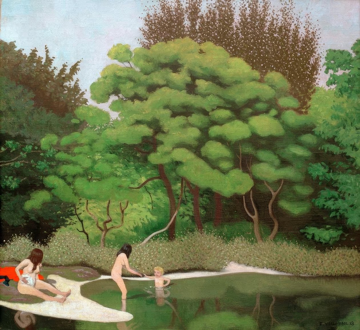 İki kadın ve bir çocuk ile güneşli ağaç altı manzara by Felix Edouard Vallotton