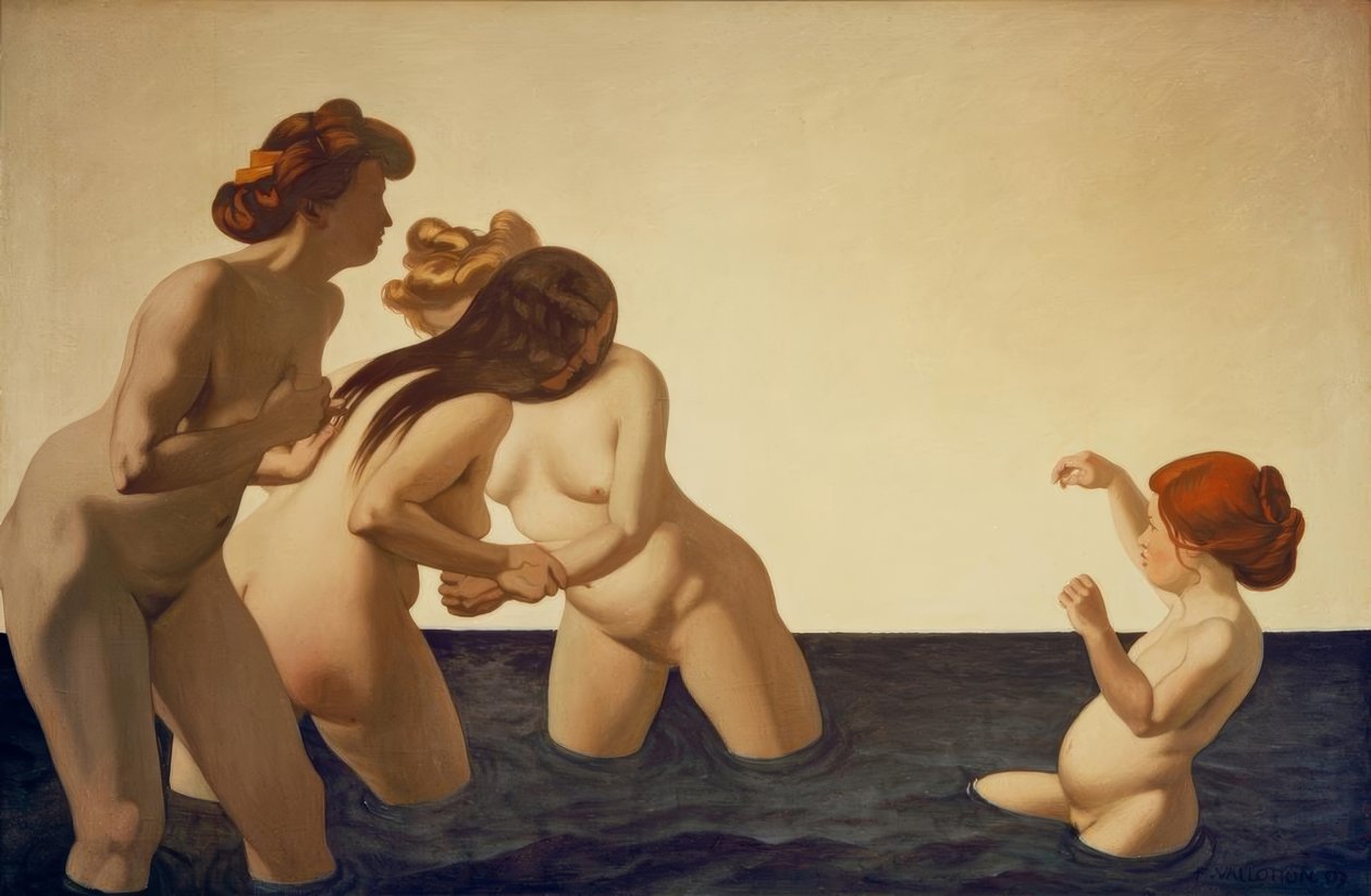 Üç kadın ve suda oynayan küçük bir kız by Felix Edouard Vallotton