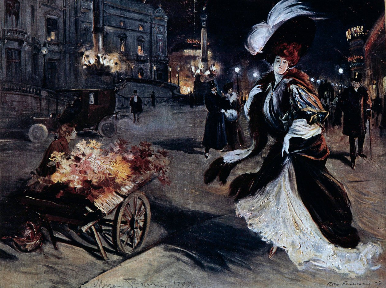Belle Epoque: Geceleri bir Paris sokağında Ak balıkçıllı kadın. Felix Fournery