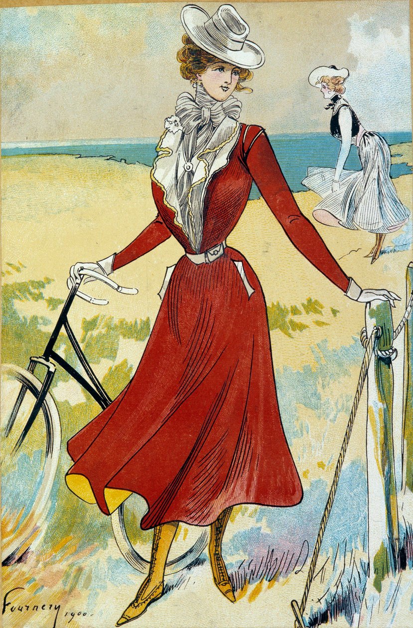 Fashion Belle Epoque: "" Sportif "" Genç kadın bisikletçinin kıyafeti. Felix Fournery