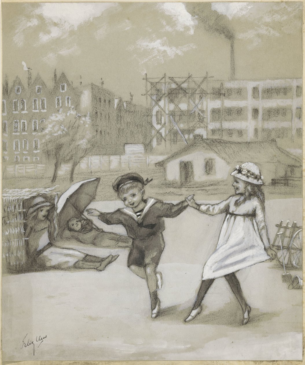Şehir parkında veya oyun alanında dans eden erkek ve kız by Felix Hess (signed by artist)