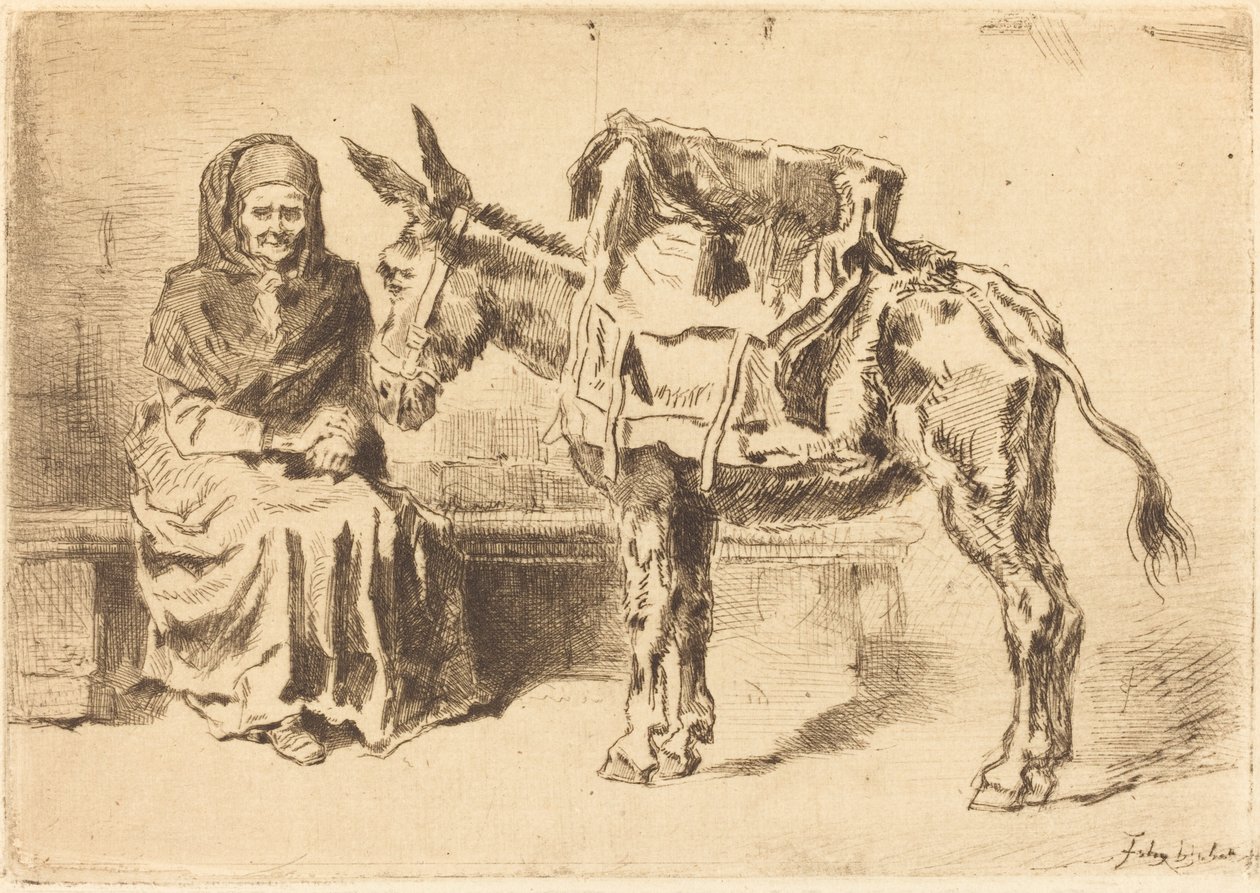Cacoletière Assise Oturan Kadın ve Eşek, 1875. by Felix Hilaire Buhot