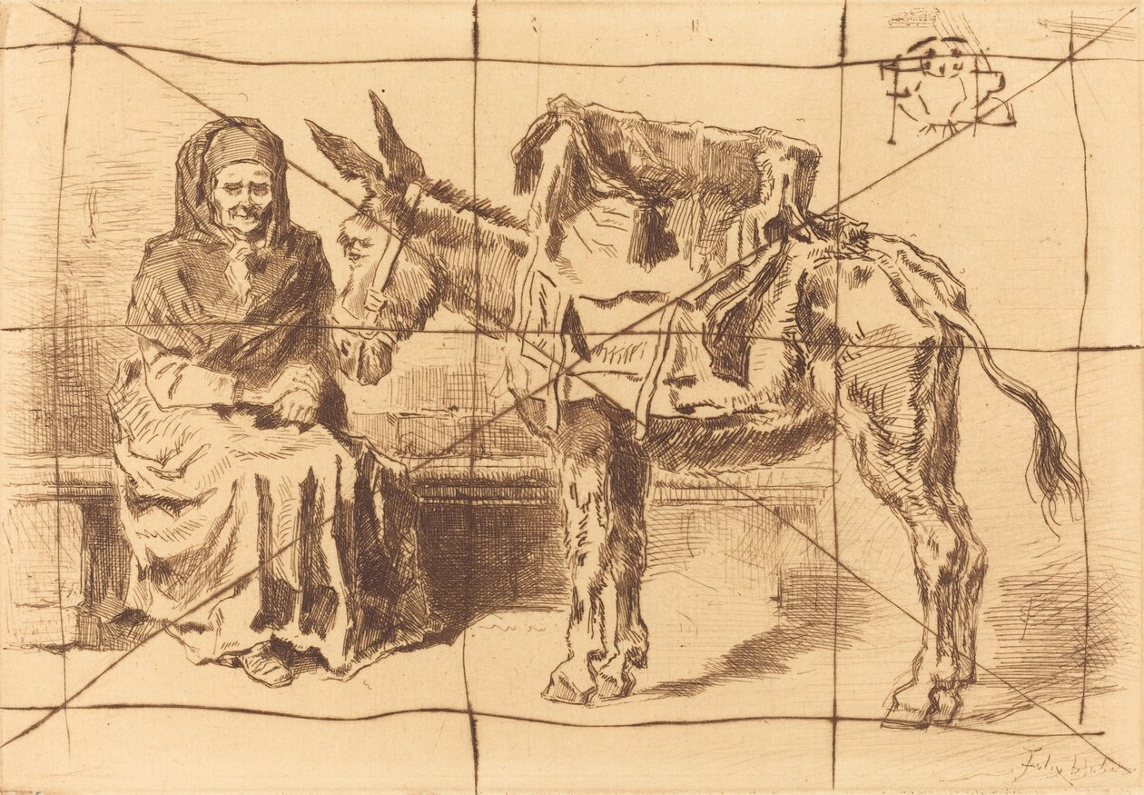 Cacoletière Assise Oturan Kadın ve Eşek, 1875. by Felix Hilaire Buhot