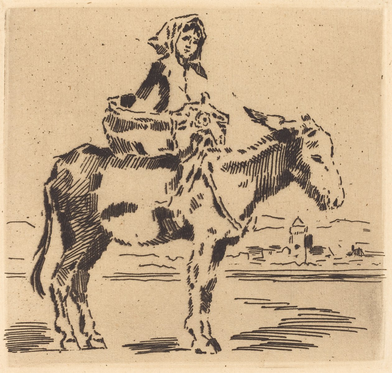 Cacoletière à la Tour (Kulenin Yanında Eşek Binen Kadın) by Felix Hilaire Buhot