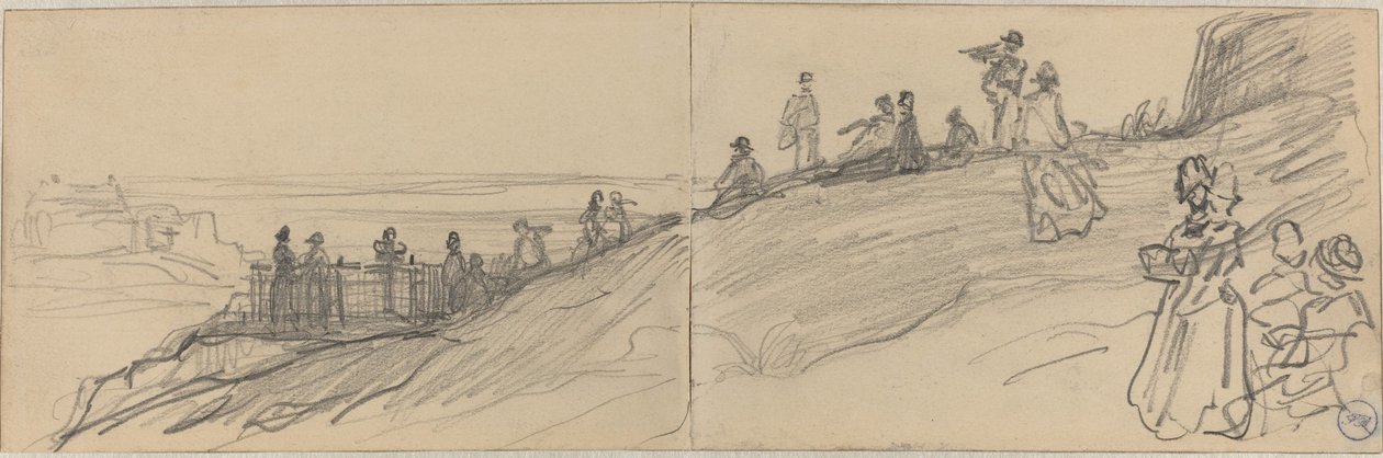 Deniz Manzaralı Bir Tepenin Üstünde Figürler by Felix Hilaire Buhot