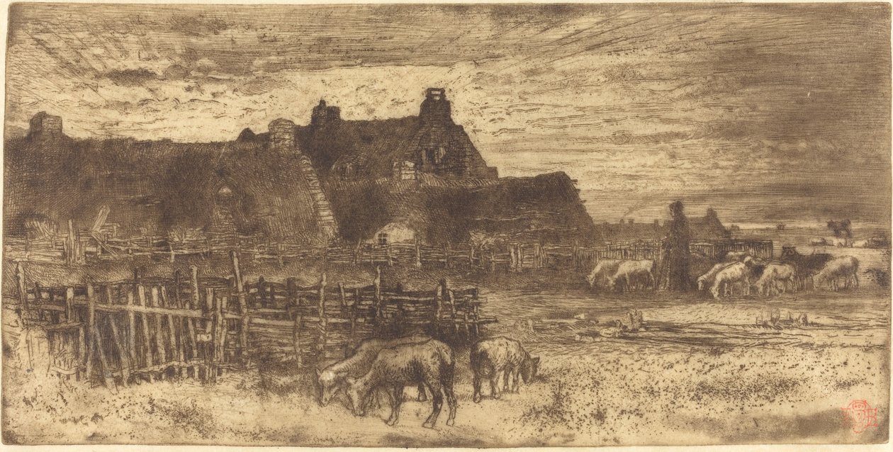 Les Bergeries, Soleil Couchant (Pastoral Sahne, Batan Güneş) by Felix Hilaire Buhot