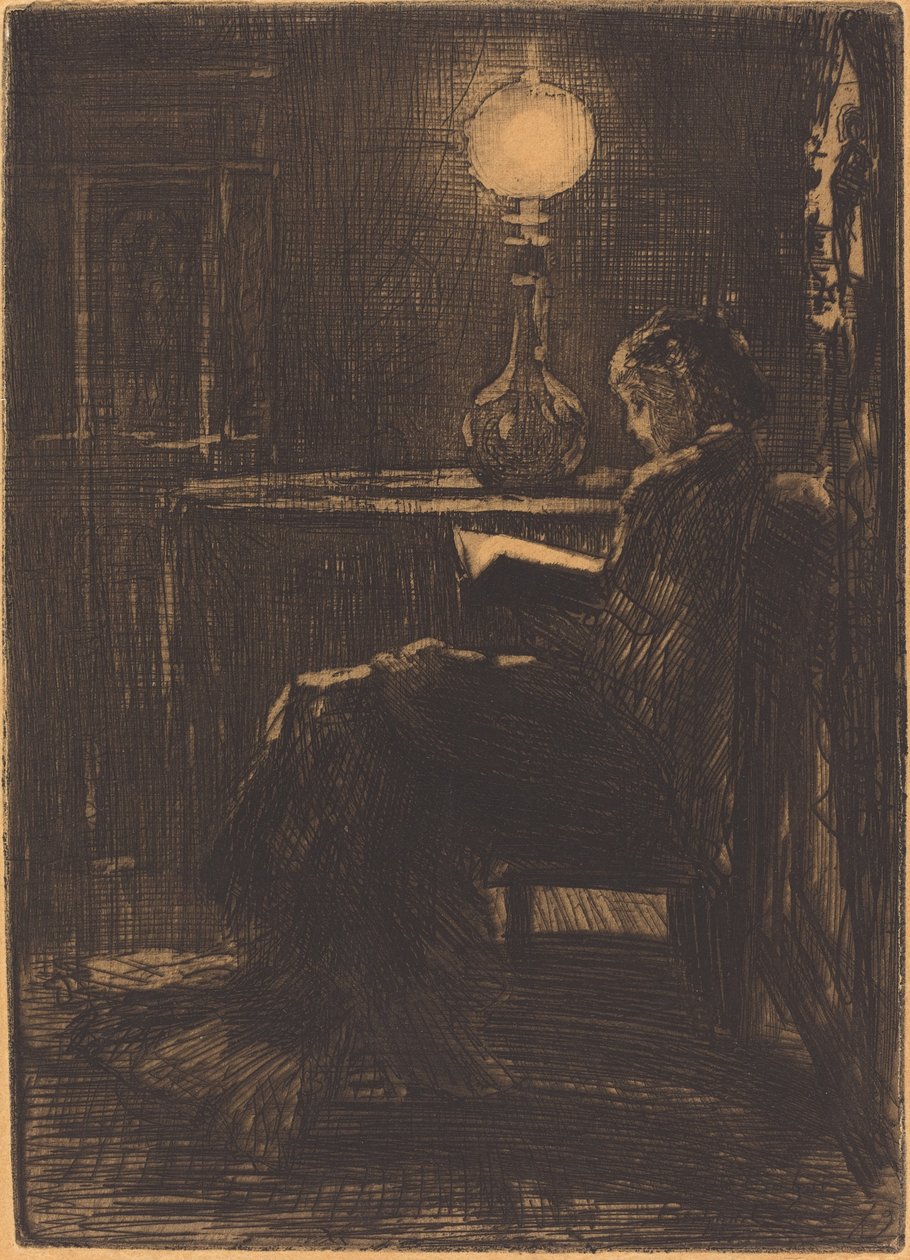 Lamplight tarafından Okuma Kadın, 1879. by Felix Hilaire Buhot