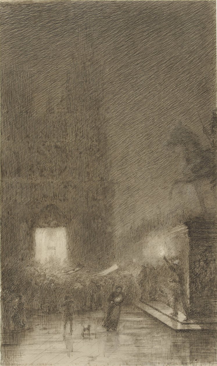 Geceleri bir katedralin önünde toplanmak by Felix Hilaire Buhot