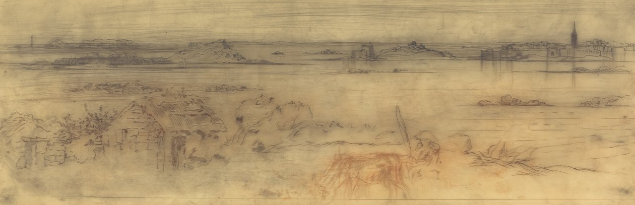 Sağda Müstahkem Şehir, Solda Adalar ve Ön Planda Bir Kulübe ile Deniz Manzarası by Felix Hilaire Buhot
