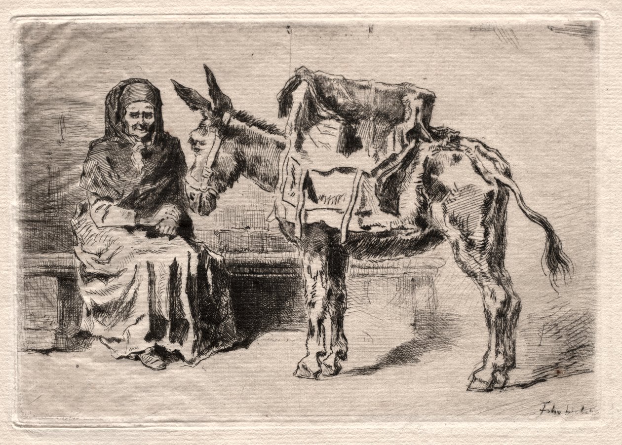 Katır ile oturan kadın by Felix Hilaire Buhot