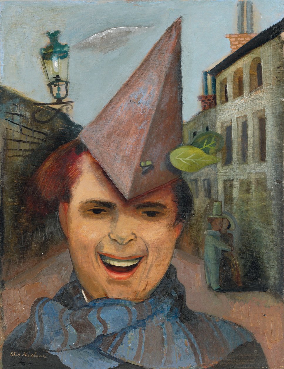 Kağıt Şapkalı ve Mavi Eşarplı Otoportre, 1936 dolayları (kontrplak üzerine yağlı boya) by Felix Nussbaum