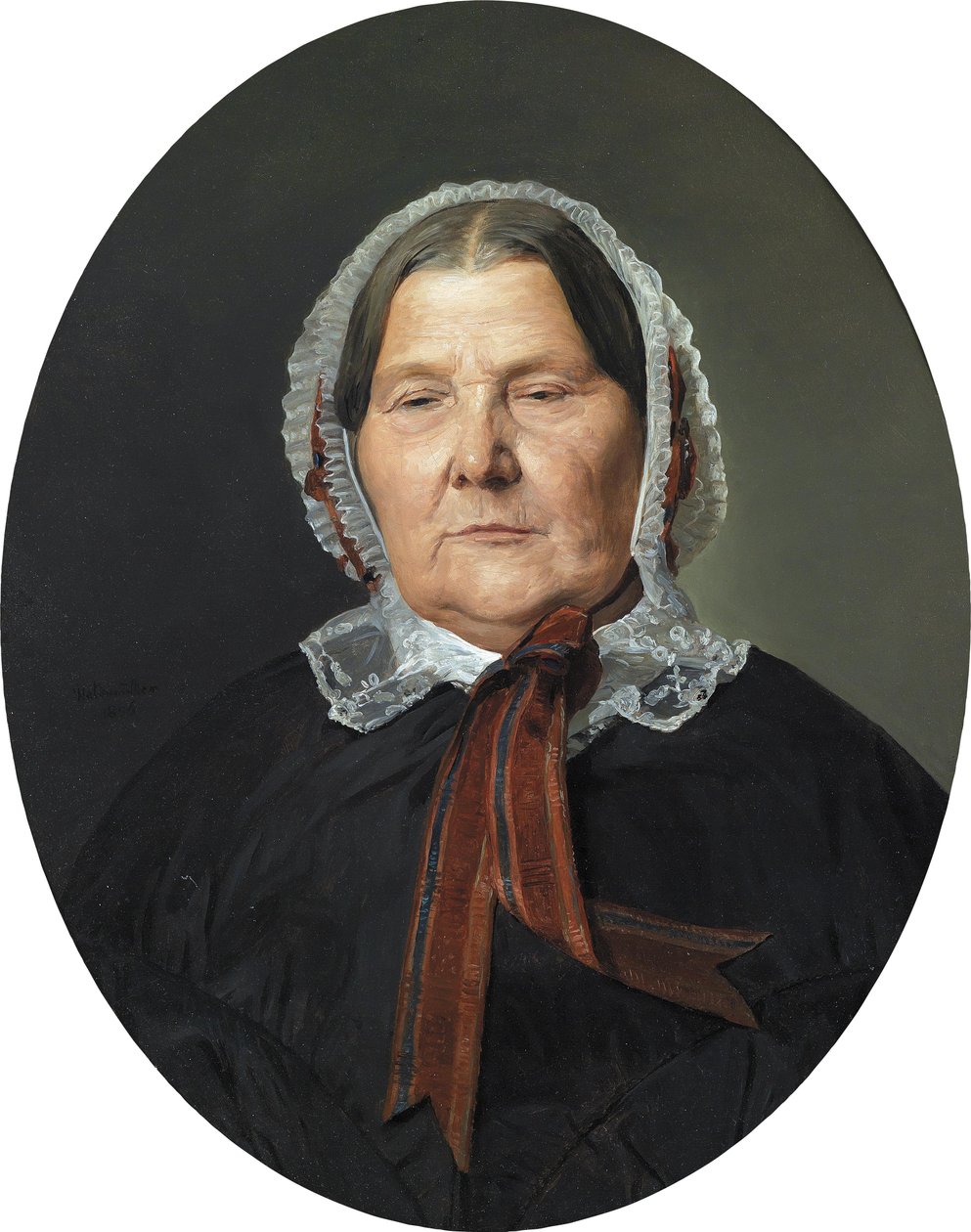Siyah elbiseli ve kırmızı kurdeleli beyaz fırfırlı başlıklı yaşlı kadın by Ferdinand Georg Waldmuller