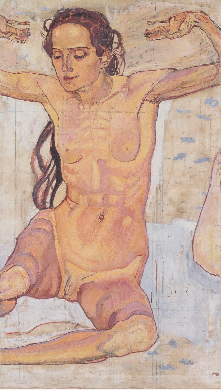 Kollarını kaldırmış çıplak kadın oturuyor by Ferdinand Hodler