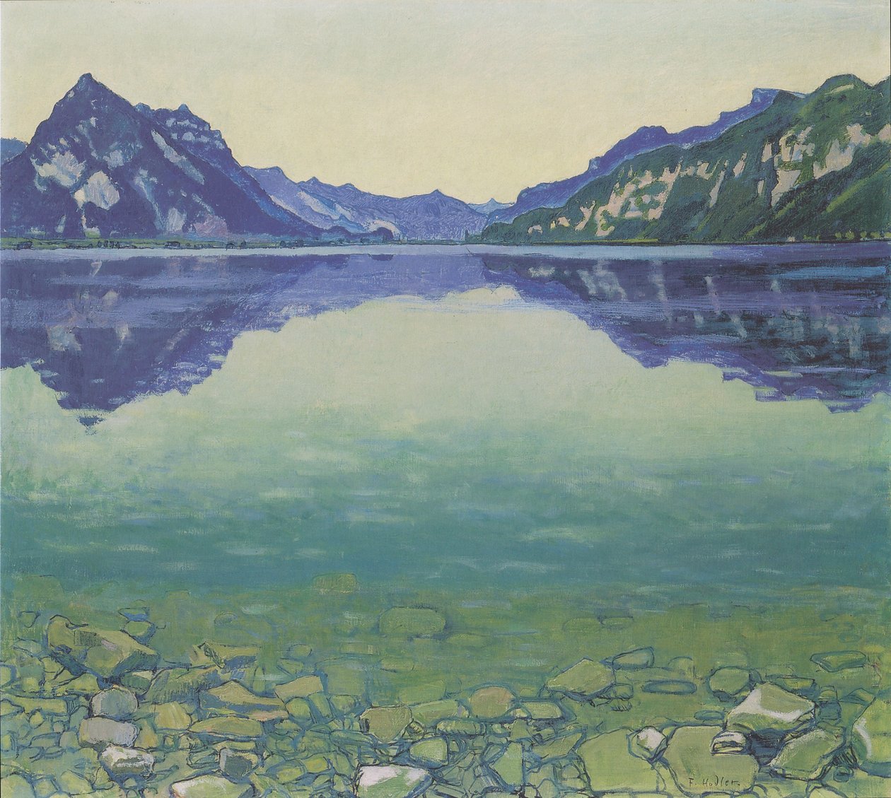 Güneş doğmadan önce simetrik yansıması olan Thun Gölü by Ferdinand Hodler