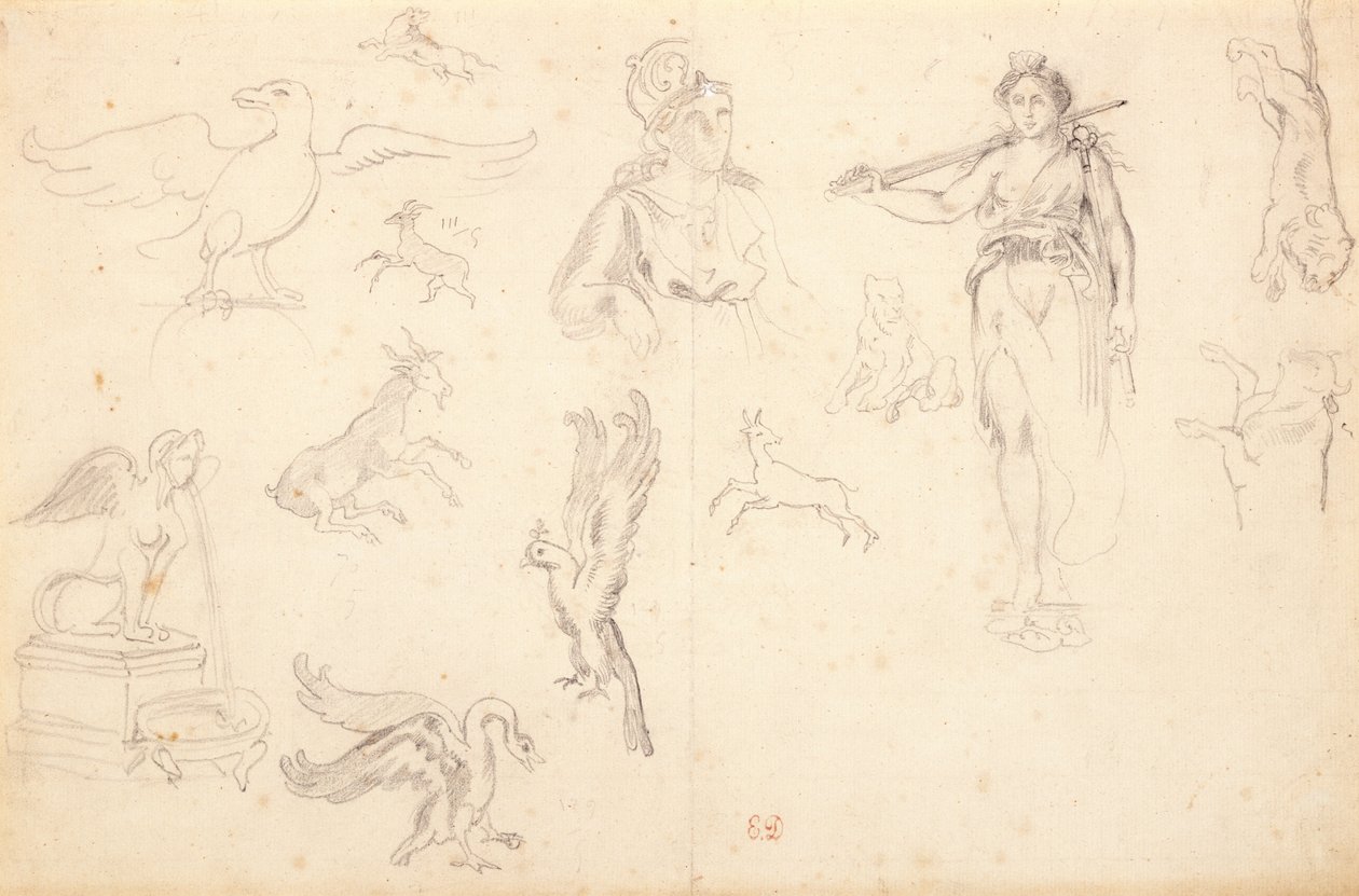Animal and Figure Studies (black chalk on laid paper) by Ferdinand Victor Eugene Delacroix