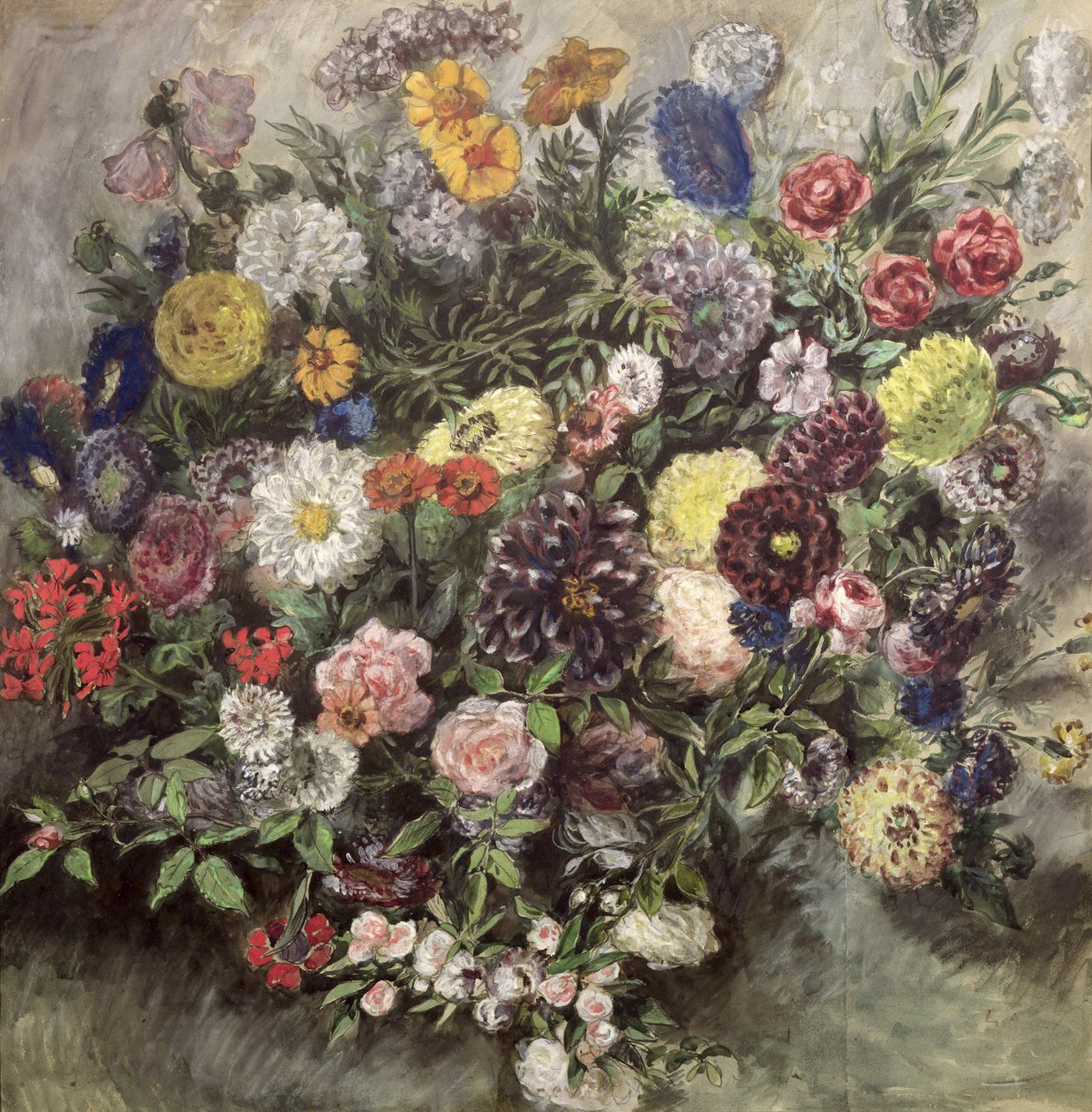 Çiçek Buketi (kağıt üzerine wc, guaj ve pastel) by Ferdinand Victor Eugene Delacroix