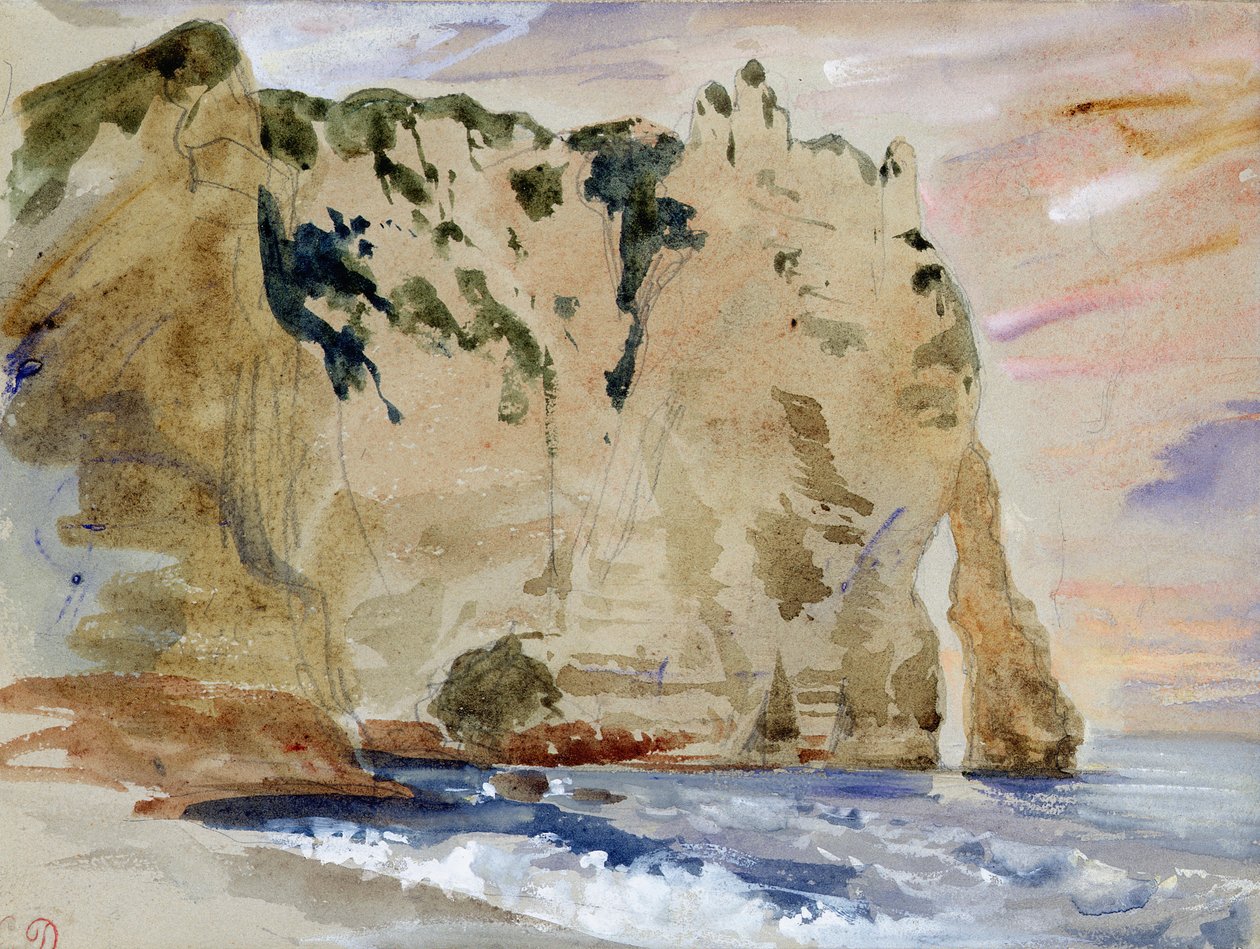 Etretat Kayalıkları. The Pied du Cheval, 1838 (kağıt üzerinde wc ve guaj boya) by Ferdinand Victor Eugene Delacroix